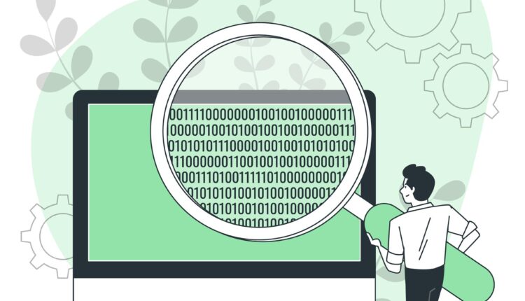 Muž s lupou ktorý testuje a hladá chyby.